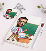 BK Gift Kişiye Özel Erkek Öğretmen Karikatürlü Siyah Defter Kalem Ve Anahtarlık Hediye Seti-1 (Model 2)