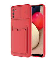 Galaxy A02S Kılıf Deri Görünümlü Kartlıklı Kamera Korumalı Silikon (Kırmızı)