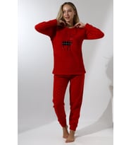 Fawn 5016 Peluş Welsoft Polar Kışlık Yumoş Geyikli Kadın Pijama Takımı (Kırmızı)