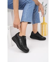 Muggo Happy Garantili Kadın Ortopedik Günlük Bağcıklı Şık Rahat Sneaker Spor Ayakkabı (Siyah)