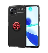 Xiaomi Mi 11 Lite Kılıf Standlı Yüzüklü Manyetik Silikon (Siyah-Kırmızı)