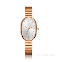 Markasepeti Oval Tasarım Altın Kaplama Minimalist Kadın Kol Saati (Beyaz-Rose Gold)