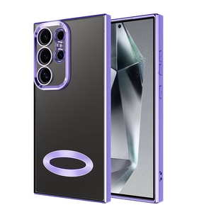 Samsung Galaxy S24 Ultra Kılıf Logo Yeri Açık Kamera Lens Önü Korumalı Renkli Kenarlı Şeffaf Silikon (Lila)