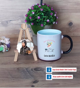 Pilot Kupa Bardak Beyaz ve Fotoğraflı Ahşap Anahtarlık Hediye (Model 9)