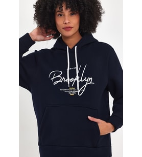 Kadın Kapşonlu Rahat Kalıp İçi Polarlı 3 iplik El Yazılı Brooklyn Baskılı SweatShırt spr24swk16