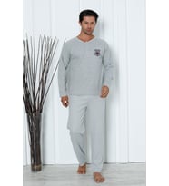 Falkom 5003 İnterlok Kalın Kışlık Çizgili Erkek Ev Pijama Takımı (Gri)