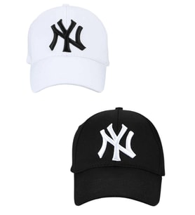 Unisex Ny Nakışlı Mavi Kep Şapka 2'li Set (Beyaz-Siyah)