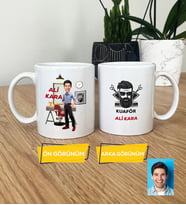 Kişiye Özel Karikatürlü Kuaför Hediye Kupa Bardak Erkek Kuaföre Berbere Hediye (Beyaz)