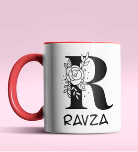 Kişiye Özel R Harfi Romantik Tasarım Siyah Renk Kupa (Kırmızı)