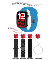 Samsung Galaxy M42 Uyumlu Açık Mavi Akıllı Saat Watch 10 Mini Kordon Hediyeli AMOLED EKRAN 41MM (Açık Mavi-Siyah)