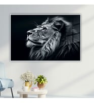 Metal Çerçeveli Yatay Cam  Siyah Beyaz Yan Portre Aslan (Gümüş)