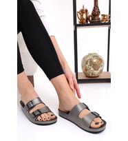 Mulex 10651 Çift Toka Kadın Terlik Comfort Anatomik Kadın Ev Dışarı Terliği (Platin)