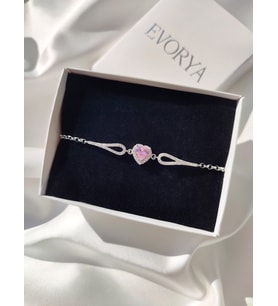 925 Ayar Gümüş Zirkon Taş Kalpli Bileklik (Pembe)