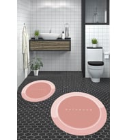 EVDEYA Dijital Baskılı Yıkanabilir Bathroom Yazılı Yuvarlak Banyo Paspası Klozet Takımı, YKLOZET-1-GRİ, (Pembe)