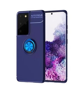 Galaxy S21 Ultra Kılıf Yüzüklü Standlı Kamera Korumalı Kılıf (Mavi)
