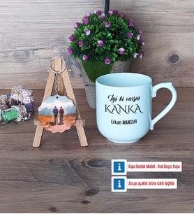 Kankaya Hediye Kupa Bardak Beyaz ve Fotoğraflı Ahşap Anahtarlık Hediye (Model 5)