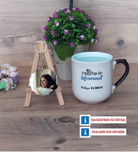 Matematik Öğretmeni Kupa Bardak Beyaz ve Fotoğraflı Ahşap Anahtarlık Hediye Matematik Öğretmenine Hediye (Model 10)