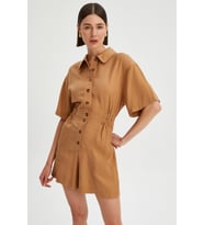 Kadın Düşük Kollu Bel Lastikli Düğme Detay Tencel Tulum (Camel)