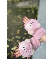 Teddy Bear Tasarım İçi Kürk Kapağı Düğmeli Premium Peluş Eldiven (Pembe)