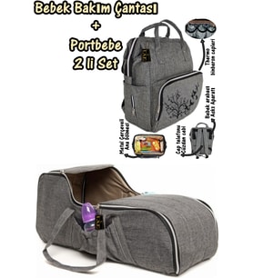 Portbebe Ana Kucağı Puset Bebek Taşıma + Anne Bebek Bakım Çantası 2 li Set (Gri-Buz)