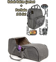Portbebe Ana Kucağı Puset Bebek Taşıma + Anne Bebek Bakım Çantası 2 li Set (Gri-Buz)