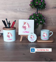 Unicorn Hediye Seti Dekoratif Taş, Kalemlik, Ahşap Altlıklı Türk Kahvesi Fincanı, Ahşap Anahtarlık Hediye (Model 1)
