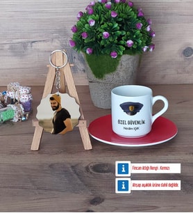 Özel Güvenlik Görevlisi Türk Kahvesi Fincanı Ahşap Altlıklı ve Fotoğraflı Ahşap Anahtarlık Hediye (Model 3)