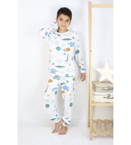 Erkek Çocuk Baskılı interlok Kumaş Uzun Kollu Pijama Takımı (Beyaz)