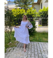 AKŞEN GİYİM BÜYÜK BEDEN OTANTİK PAMUK VUAL KUMAŞ  DANTEL DETAYLI 40-42-44-46-48-50 BEDENLERE UYGUN STND ELBİSE (Beyaz)
