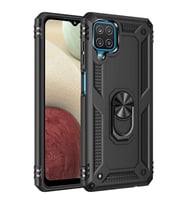 Samsung Galaxy A12 Uyumlu Kılıf Standlı Manyetik Yüzüklü Military Magnetic Ring Polycarbonate and TPU Case (Siyah)
