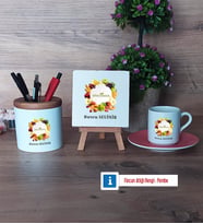 Diyetisyen Hediye Seti Dekoratif Taş, Kalemlik, Ahşap Altlıklı Türk Kahvesi Fincanı Hediye (Model 6)