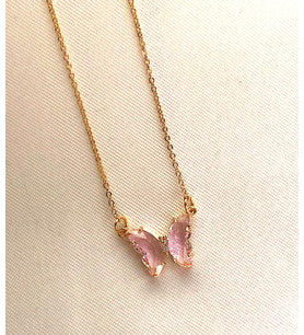 Cam Kristal Kelebek Kolye Altın Kaplama (Pembe)
