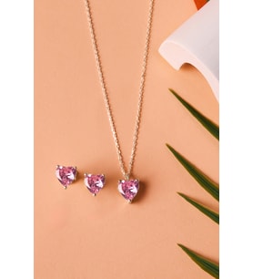 Elika Silver 925 Ayar Gümüş Zarif Kalpli Kolye ve Küpe İkili Set (Pembe)
