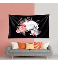 Çiçekli Kafatası Kuru Kafa Desen Leke Tutmaz Kadife Dokulu Kumaş Duvar Örtüsü Duvar Halısı Tapestry (Siyah-Pembe)