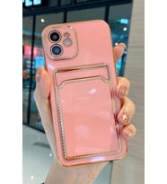 iPhone 11 Kılıf Kamera Korumalı Kartlıklı Altın Kenar Tasarım Silikon (Rose)