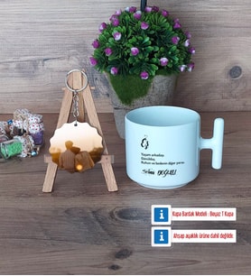 Eşe Hediye Kupa Bardak Beyaz ve Fotoğraflı Ahşap Anahtarlık Hediye (Model 12)