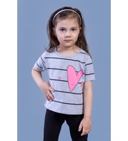 Toontoy Kız Çocuk Çizgli Kalp Baskılı Taş İşlemeli Tişört ( Gri-Melanj)