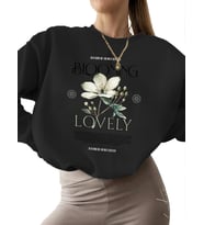 erkek Güzel çiçekler açıyor Baskılı Sweatshirt Sweatshirt 3 iplik şardonlu kalın Bej bisiklet yaka (Siyah)