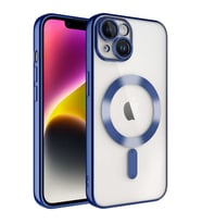 Apple iPhone 14 PLUS Kılıf Kamera Lens Korumalı Renkli Magsafe Şeffaf Silikon (Koyu Mavi)