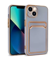 iPhone 13 Kılıf Kartlıklı Kamera Korumalı Altın Kenar Tasarım Silikon (Lila)