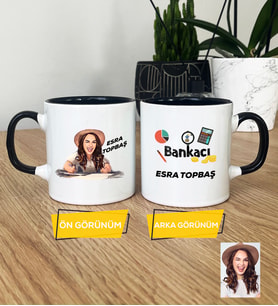 Kişiye Özel Karikatürlü Kadın Bankacı Kupa Bardak Kadın Bankacıya Hediye (Siyah)