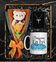 Öğretmenler Gününe Özel Tasarımlı Kupa &  Peluş Ayıcık Buketi & Melek Kolye Hediye Seti (Mavi)