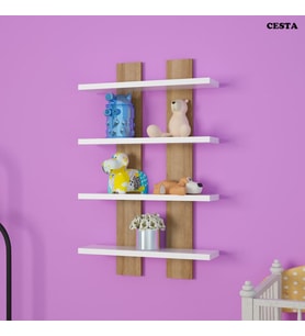 Cesta Modilayn Dört Raflı Duvar Ünitesi Dörtlü Duvar Rafı (Beyaz - Ceviz)