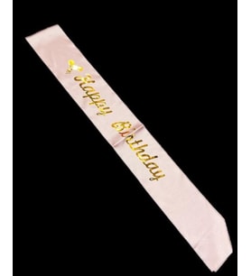 Saten Üzerine Happy Birthday Yazılı Kuşak (Sarı-Pembe)