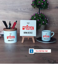 Optisyen Hediye Seti Dekoratif Taş, Kalemlik, Ahşap Altlıklı Türk Kahvesi Fincanı Hediye (Model 7)