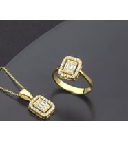 Kadın Baget Taşlı Kolye Yüzük Set (Gold)