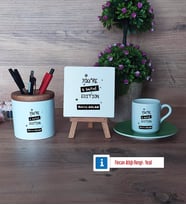 Arkadaşa Hediye Hediye Seti Dekoratif Taş, Kalemlik, Ahşap Altlıklı Türk Kahvesi Fincanı Hediye Doğum Günü Hediyesi (Model 9)