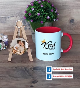 Kral Babam Babaya Hediye Kupa Bardak Beyaz ve Fotoğraflı Ahşap Anahtarlık Hediye (Model 2)