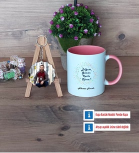 Doğum Günü Hediyesi Kupa Bardak Beyaz ve Fotoğraflı Ahşap Anahtarlık Hediye (Model 6)