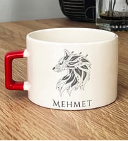 Kişiye Özel Etnik Kurt Hediye Lüks Fincan Babaya Sevgiliye Hediye (Kırmızı)